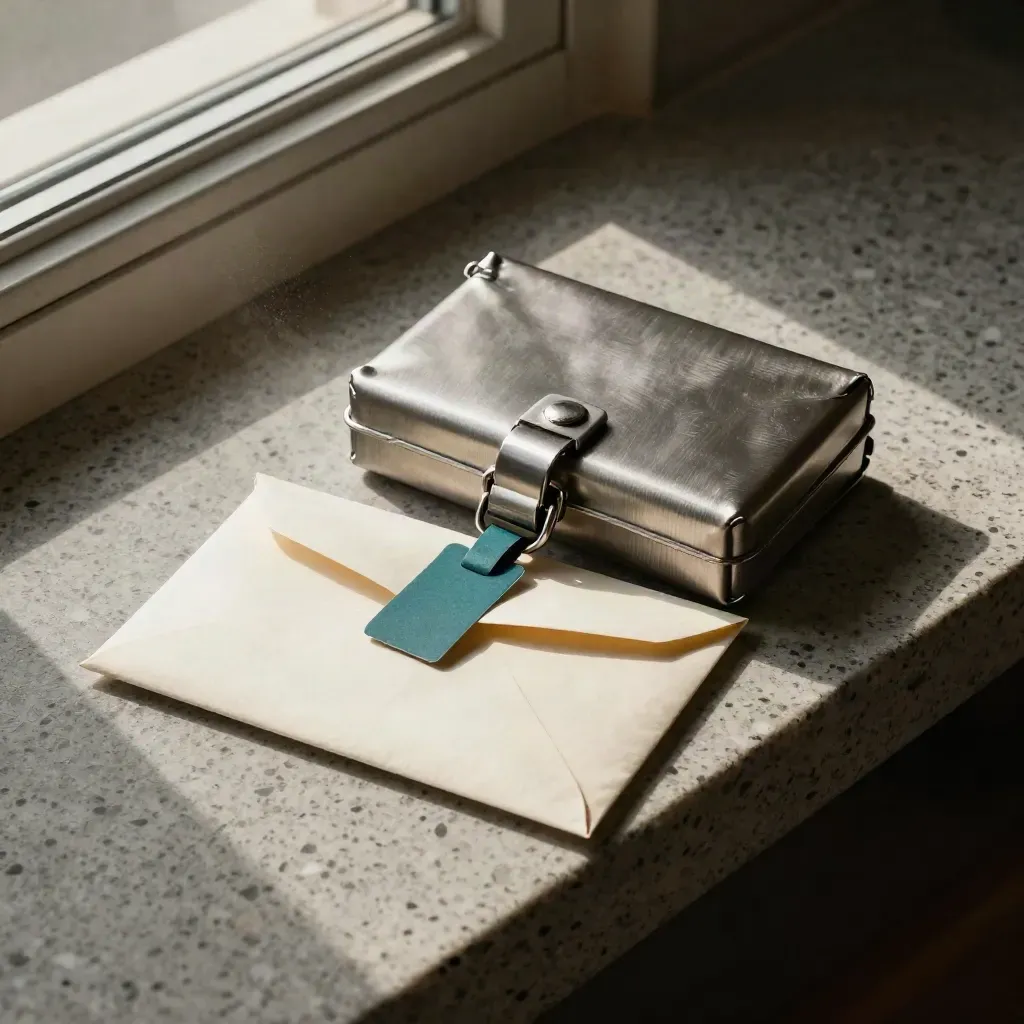 Wire transfer pouch, courier envelope, and transit clip on travertine, lit by hard upper-left sun.