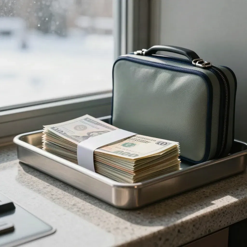 Macro of currency bundles, brushed trays and a travel cash case in winter light.