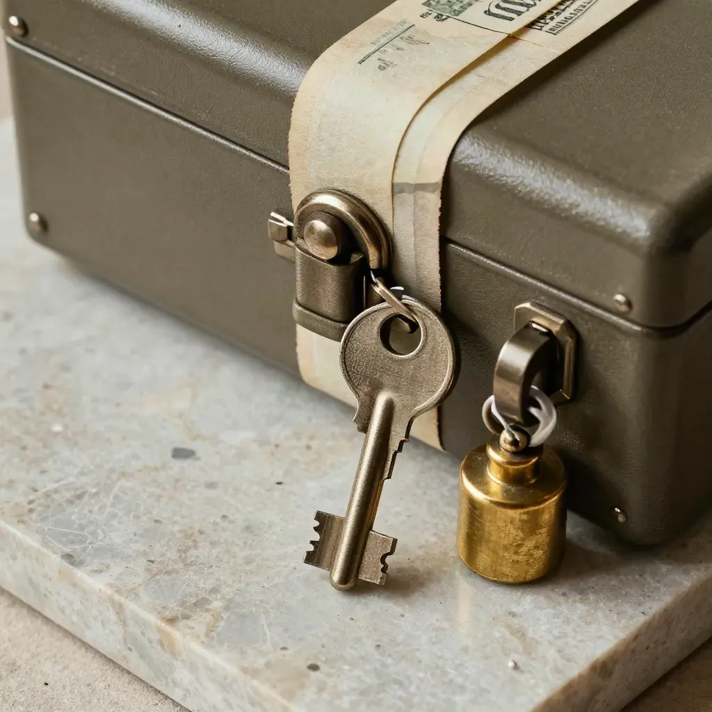 Lockbox key, reserve bands and brass weight on stone under hard light, in extreme macro.