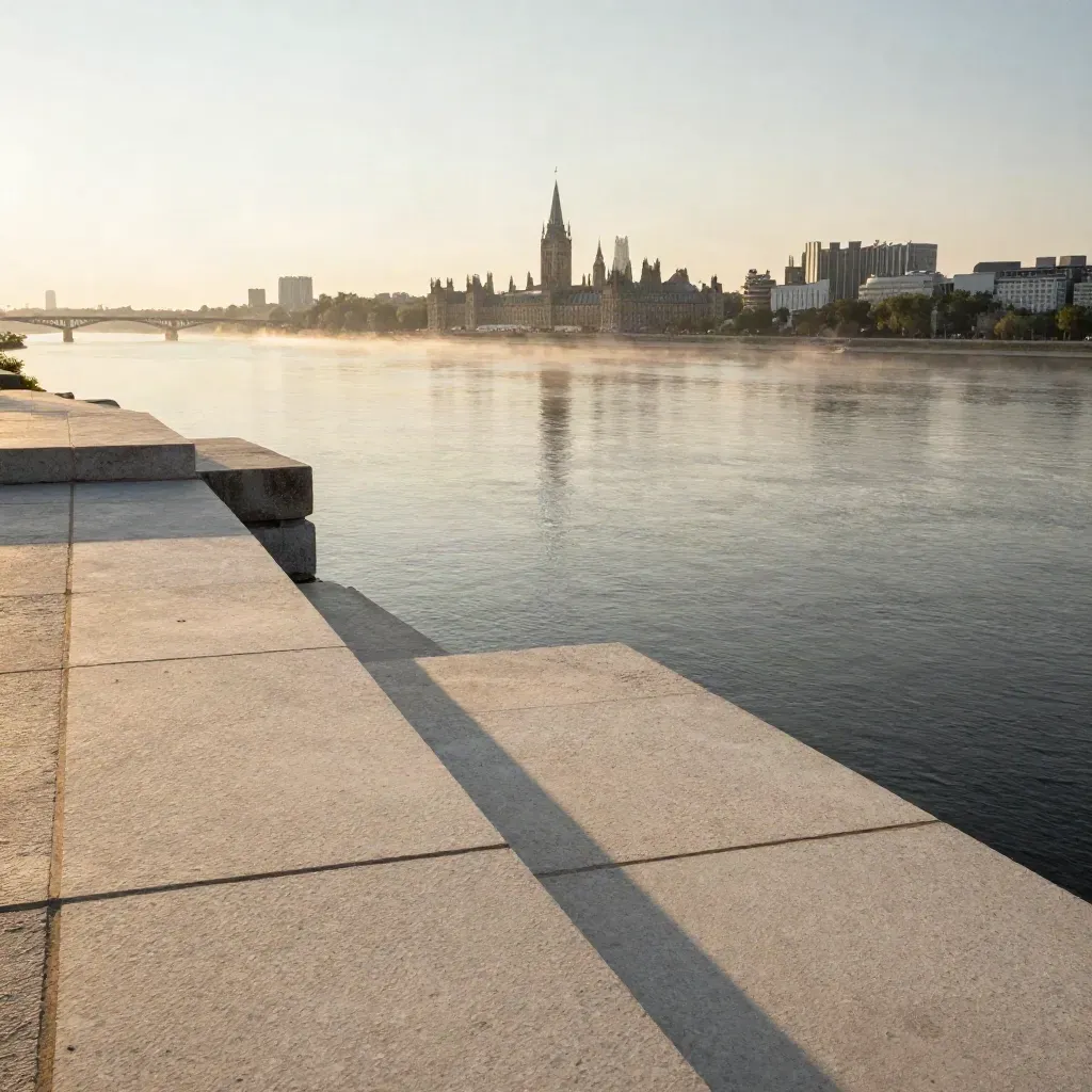 Ottawa River overlook with Parliament silhouette, bridge line, and misty stone foreground